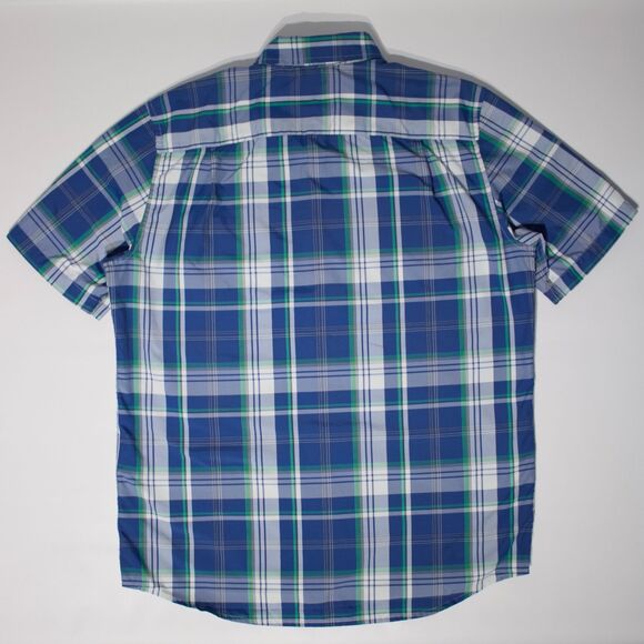 Chaps Ralph Lauren Blue Poly Plaid Short Sleeve Camp Shirt Button Down Men Sz. M - Picture 2 of 9